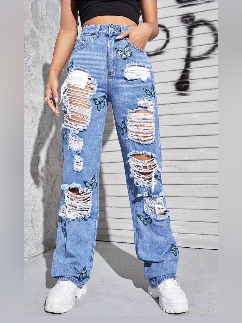 Y2K Butterfly Distressed Ripped High Waisted Straight Leg Boyfriend Jeans 4